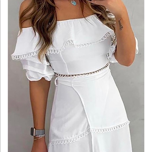 Last One Adorable White Ruffle Split Skirt Set - Picture 3 of 12